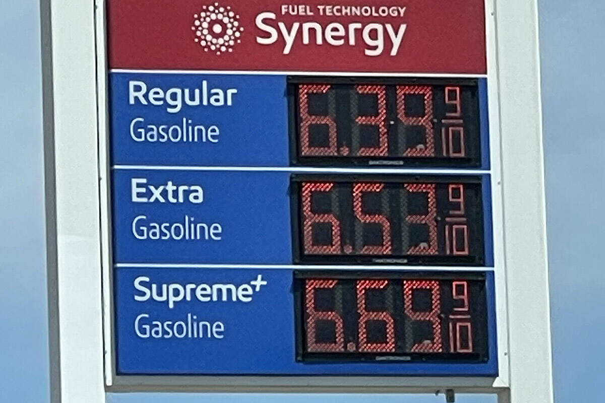 Per gallon gas prices at the Mobil station in Baker, Calif., on Thursday, March 31, 2022. (Allo ...