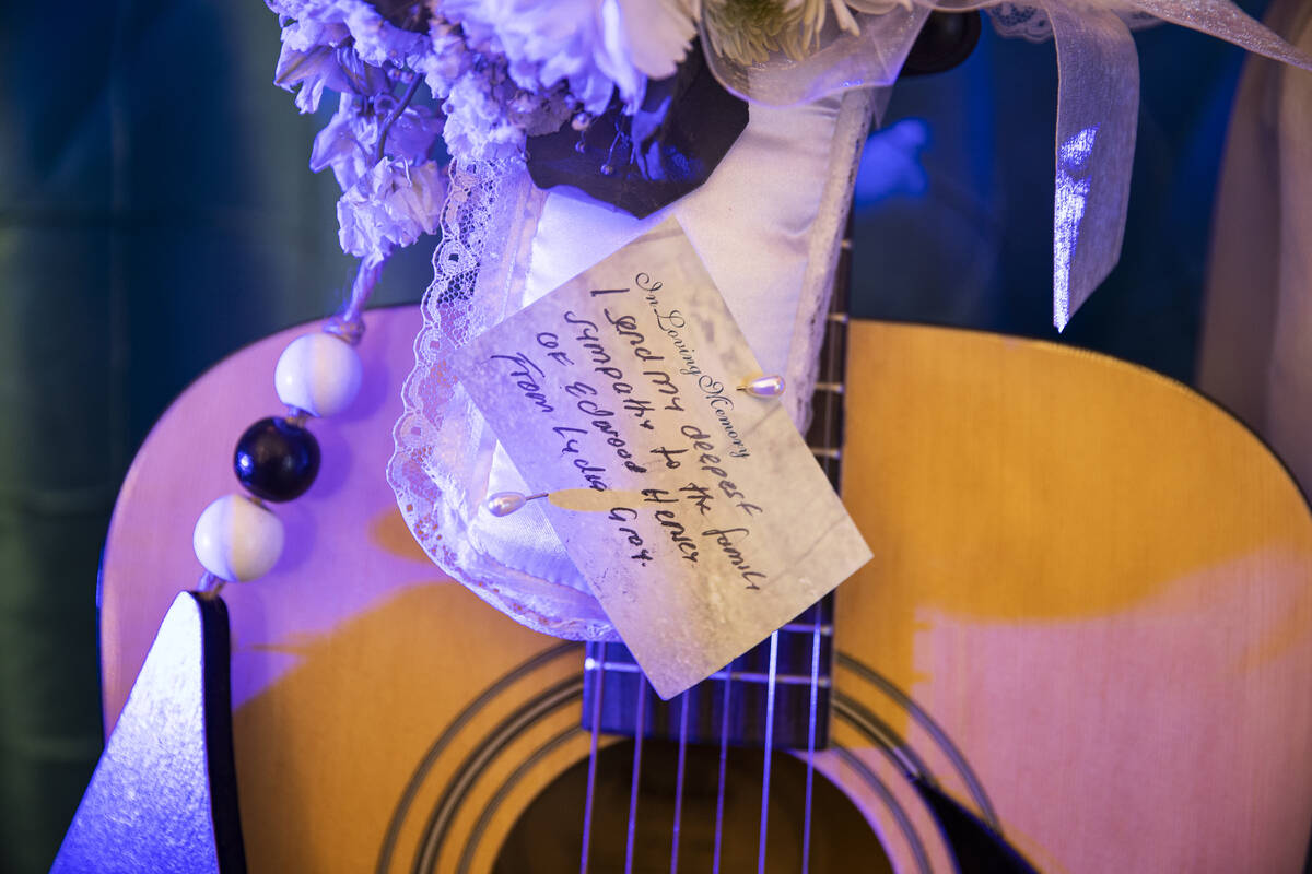 Items on a wall commemorating Elwood Hensey, 60, during a funeral service for the Las Vegas man ...