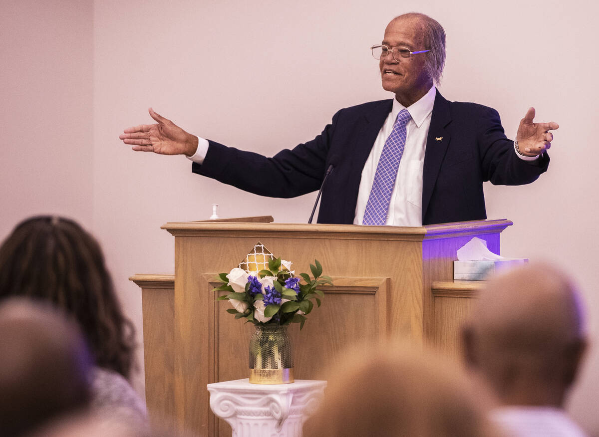 Elwood Hensey speaks during a funeral service for his son Elwood Hensey, 60, who was killed by ...