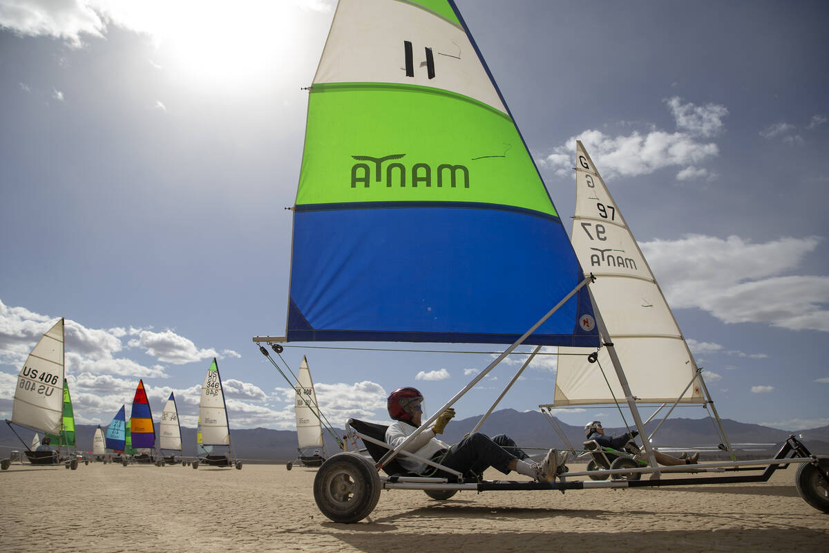 Pilots catch the wind as a Manta twin class race begins during America's Landsailing Cup at Iva ...