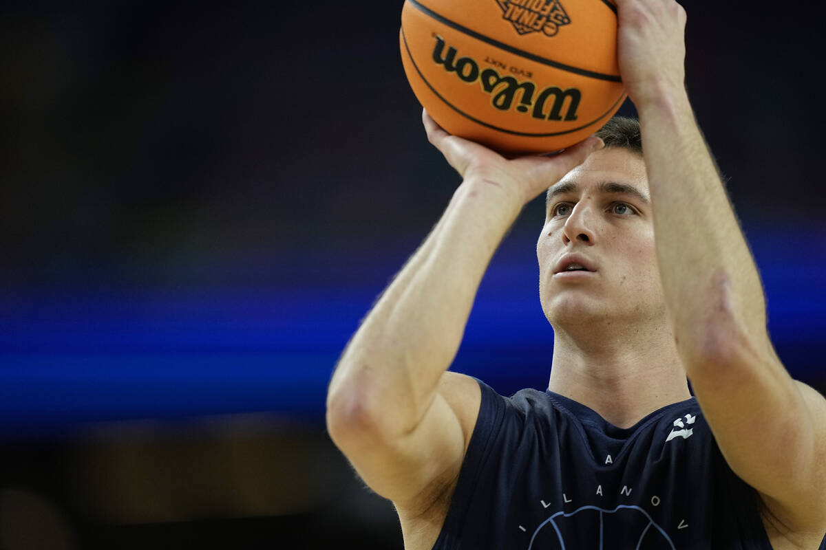 Villanova guard Collin Gillespie warms up during practice for the men's Final Four NCAA college ...