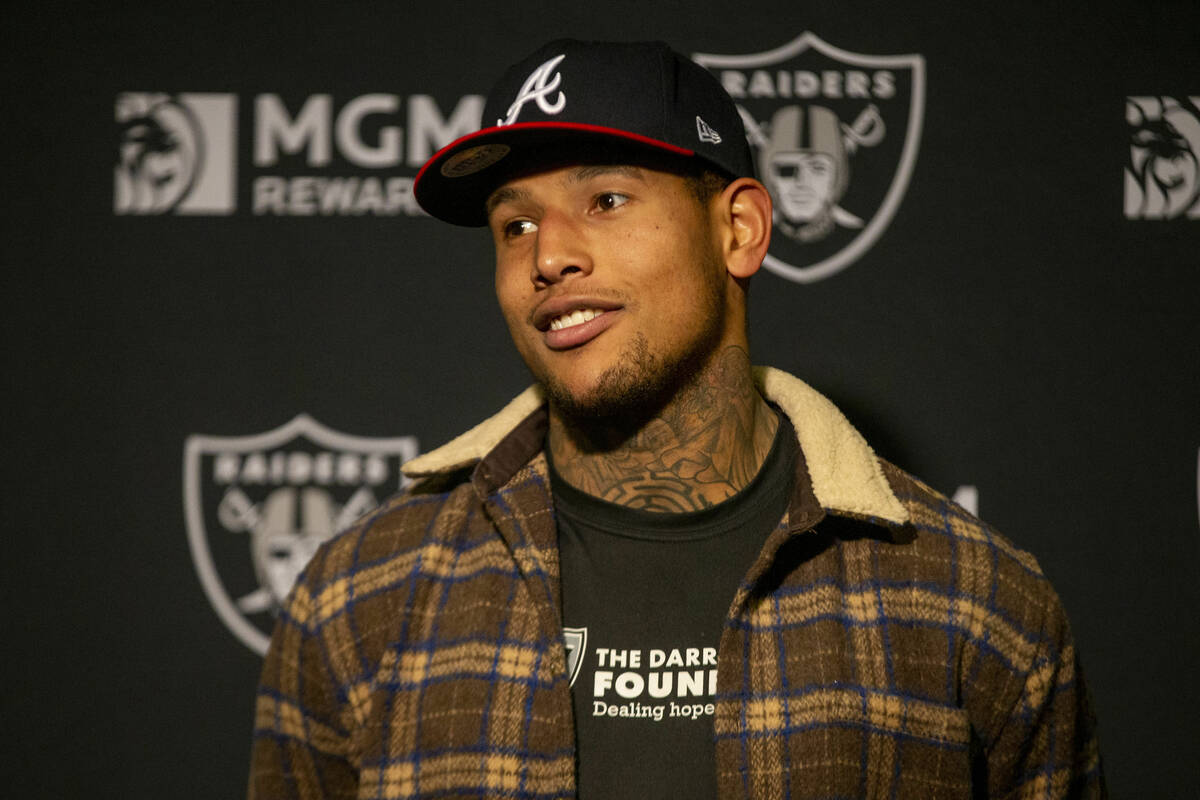 Raiders tight end Darren Waller attends a news conference following the team’s NFL playo ...