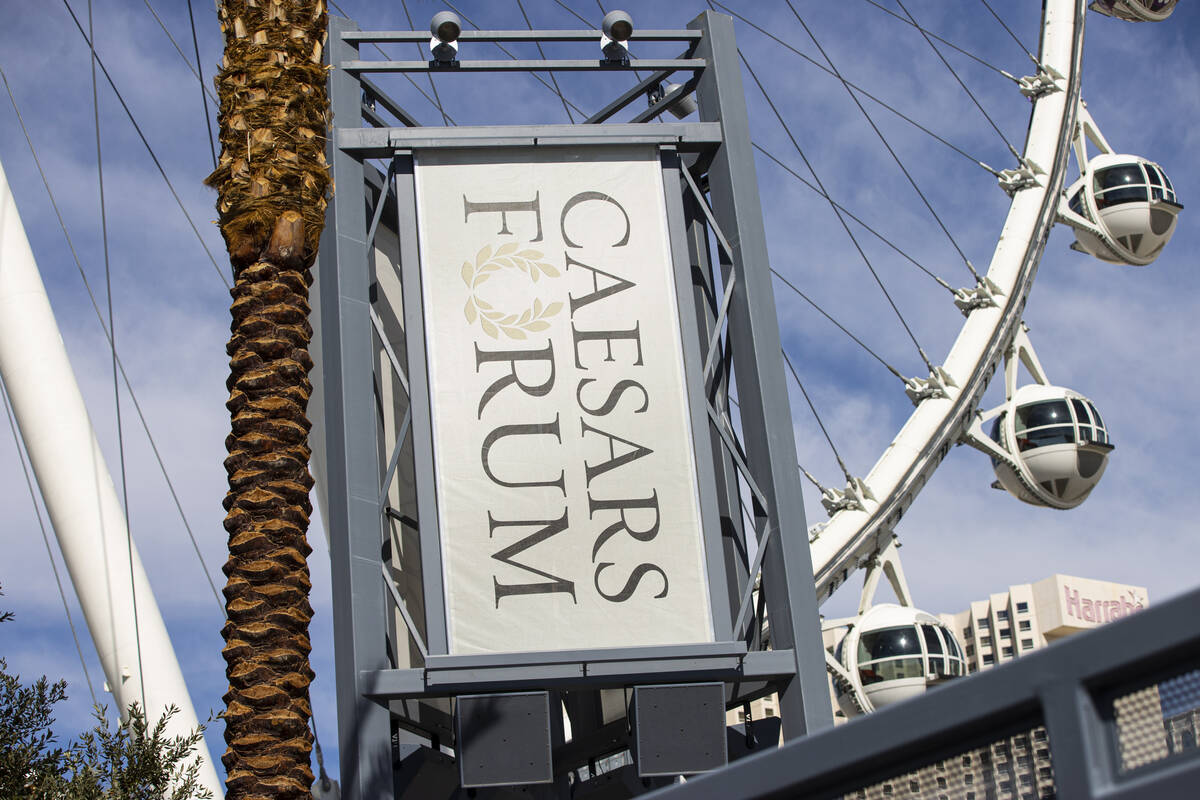 Signage for Caesars Forum is seen on Monday, April 4, 2022, in Las Vegas. (Chase Stevens/Las Ve ...