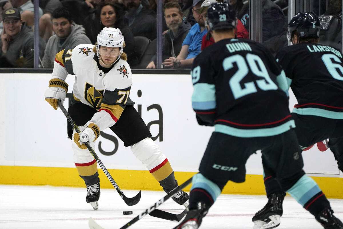 Vegas Golden Knights' William Karlsson (71) skates against the Seattle Kraken during the first ...