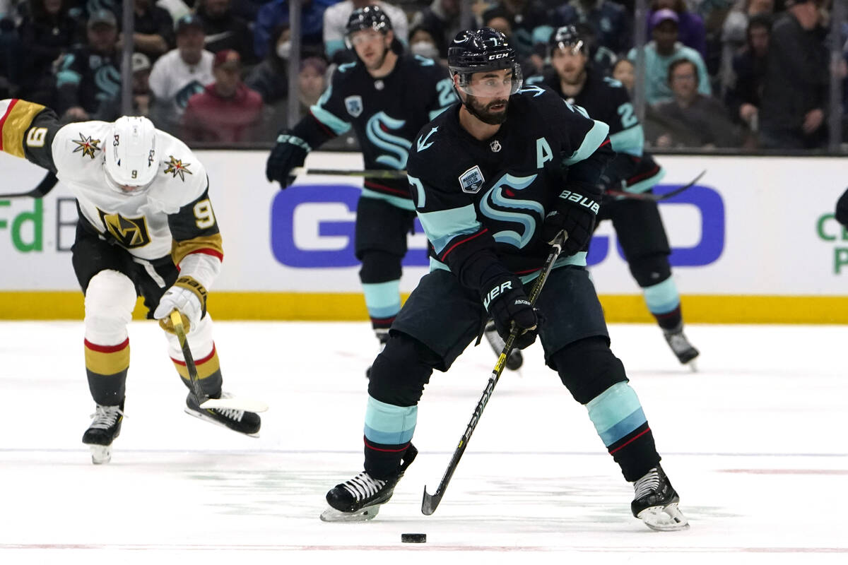 Seattle Kraken's Jordan Eberle lines up a shot against the Vegas Golden Knights during the seco ...