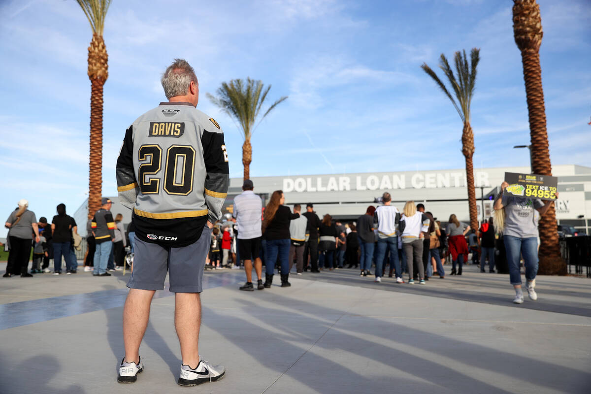 Fans outside of The Dollar Loan Center in Henderson before the start of an AHL game between the ...