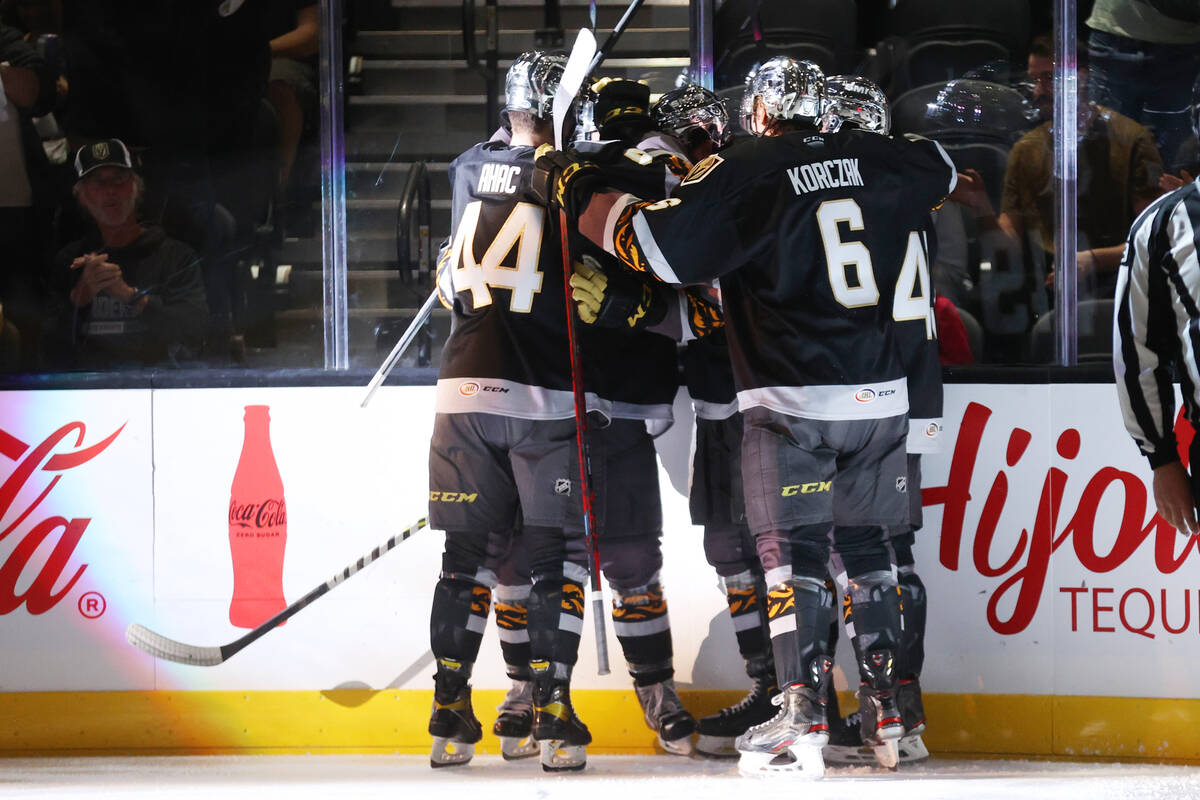 The Henderson Silver Knights celebrate a goal against the Bakersfield Condors during the second ...