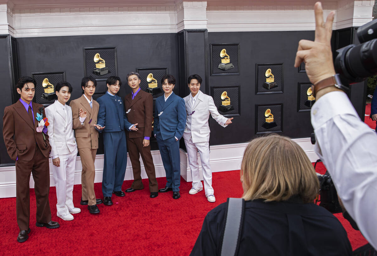 BTS on the red carpet before the start of the 2022 Grammy Awards on Sunday, April 3, 2022, at t ...