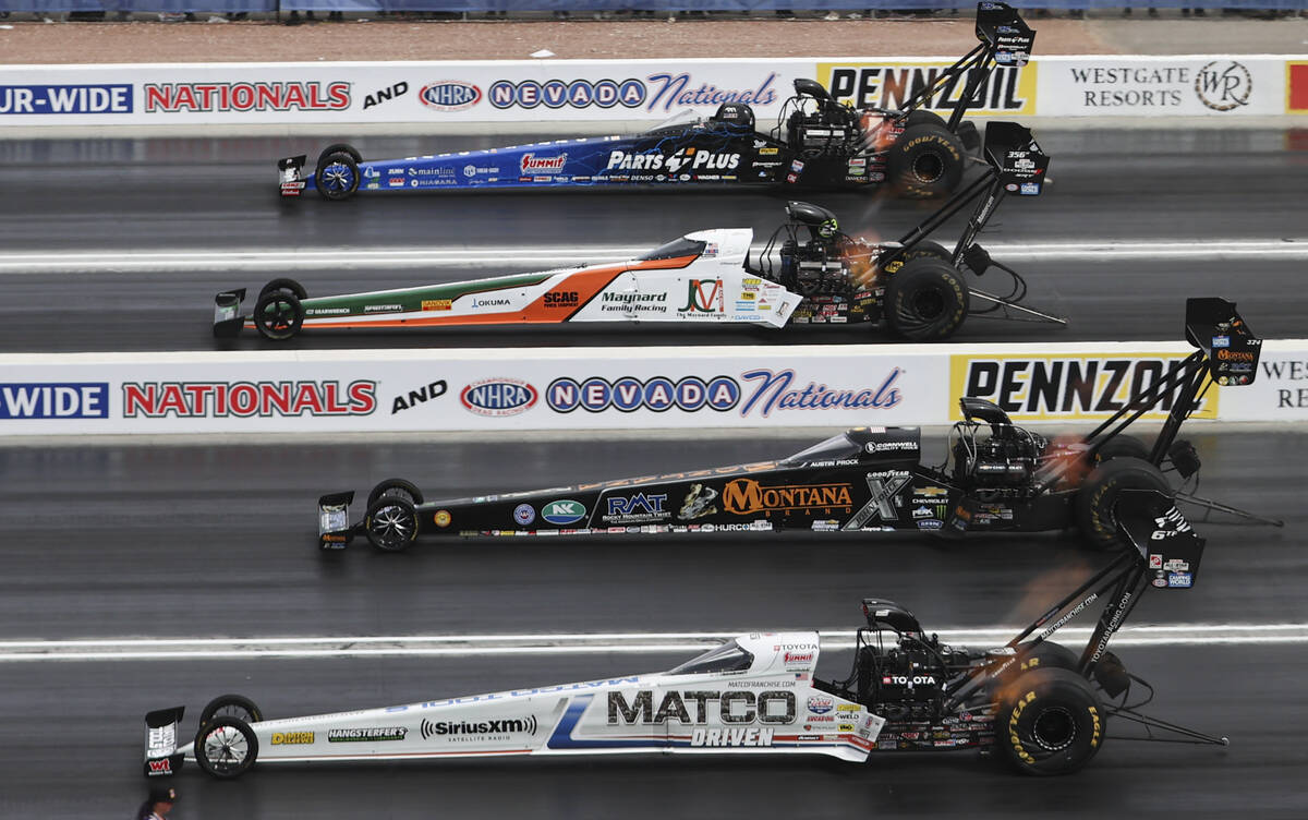 Top Fuel drivers, from top, Clay Millican, Tony Schumacher, Austin Prock, and Antron Brown comp ...