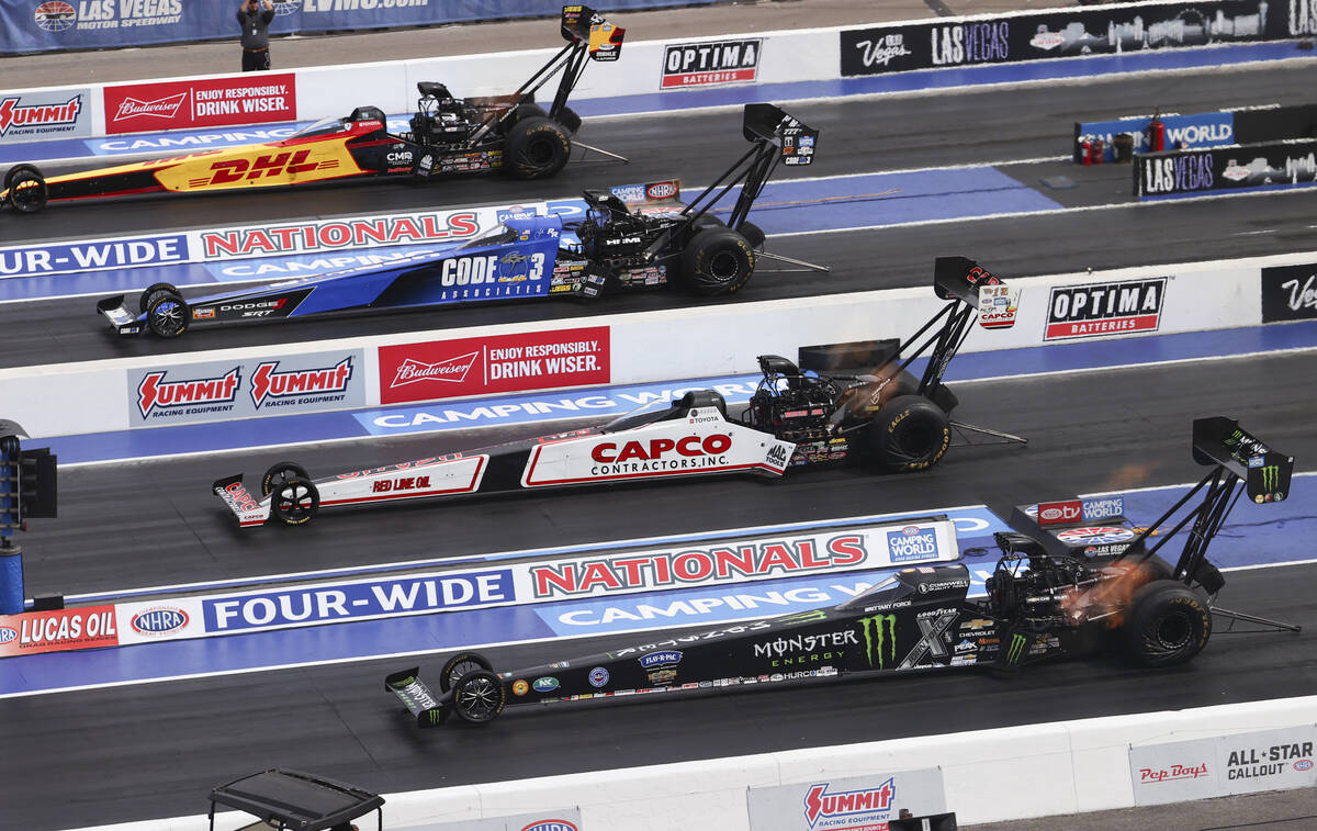 Top Fuel drivers, from left, Shawn Langdon, Leah Pruett, Steve Torrence and Brittany Force comp ...