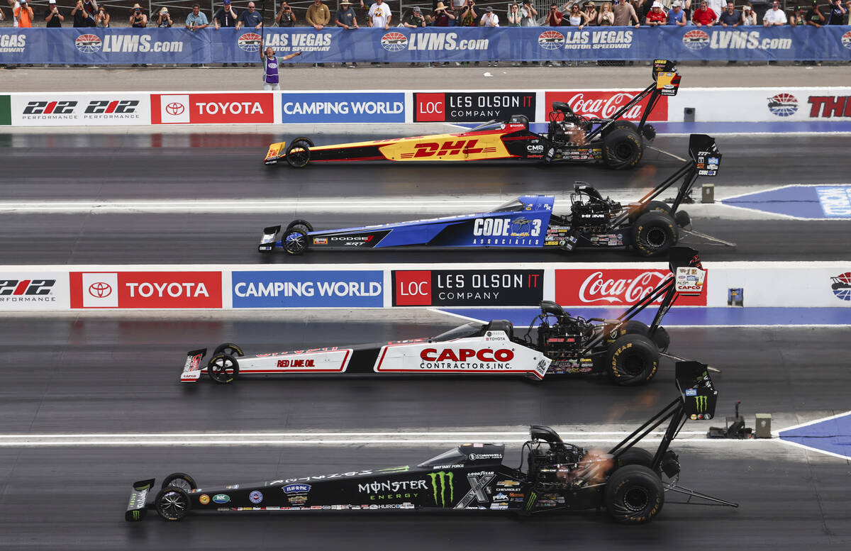 Top Fuel drivers, from top, Shawn Langdon, Leah Pruett, Steve Torrence and Brittany Force compe ...