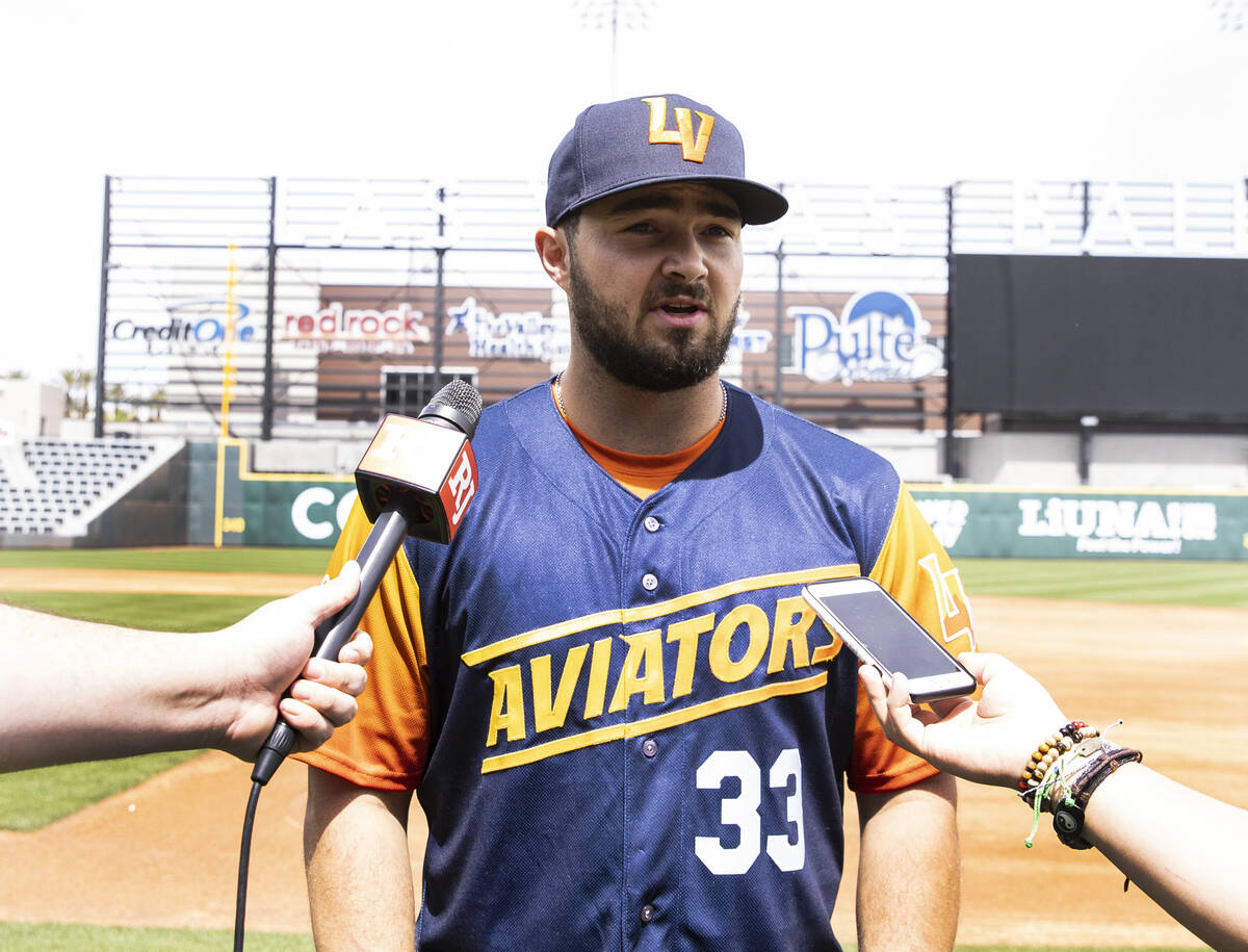 The Las Vegas Aviators catcher Shea Langeliers (33) speaks during an interview with the Review- ...