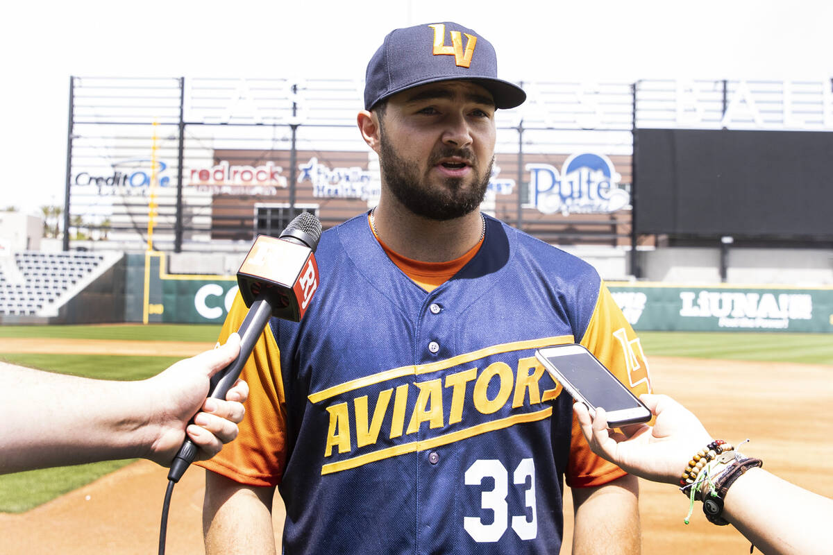 The Las Vegas Aviators catcher Shea Langeliers (33) speaks during an interview with the Review- ...