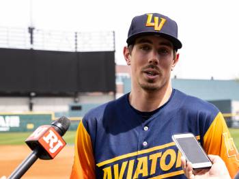 The Las Vegas Aviators pitcher Parker Dunshee speaks during an interview with the Review-Journa ...
