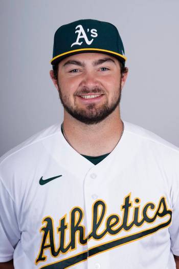 This is a 2022 photo of Shea Langeliers of the Oakland Athletics baseball team. This image refl ...