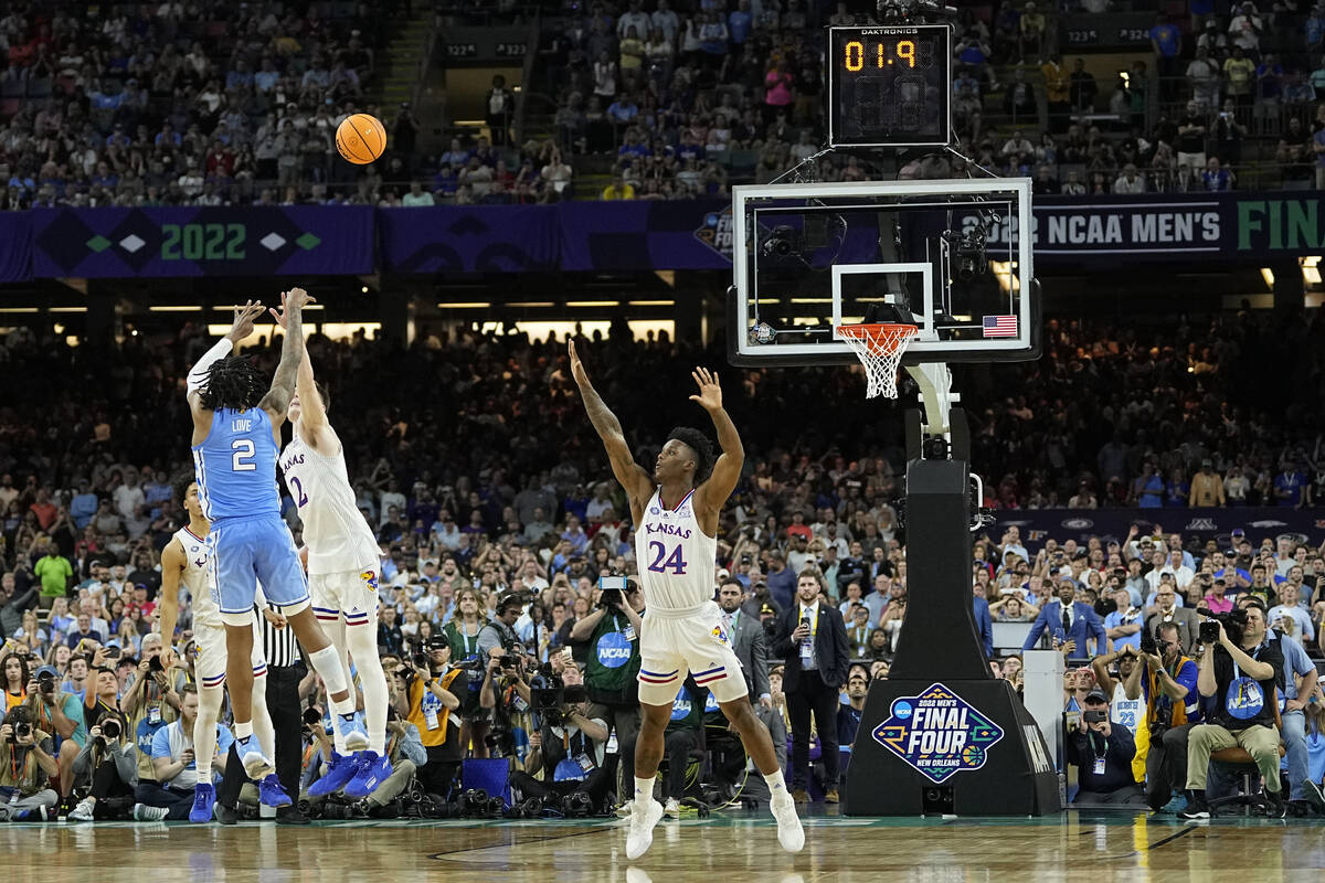 North Carolina guard Caleb Love misses the last shot of the game against Kansas during the seco ...