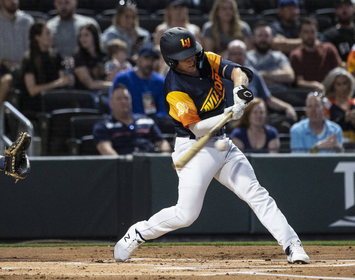 Las Vegas Aviators infielder Nick Allen (2) swings against Reno Aces during the first inning of ...