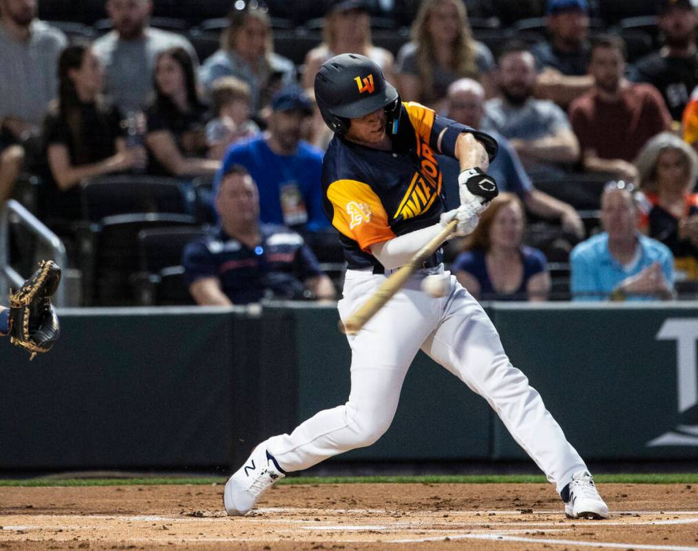 Las Vegas Aviators infielder Nick Allen (2) swings against Reno Aces during the first inning of ...