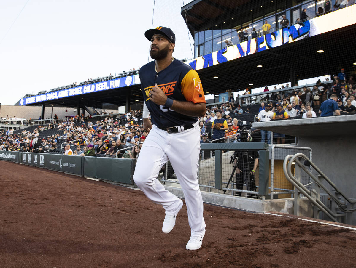 Las Vegas Aviators infielder Dermis Garcia (20) takes the field during team’s opener gam ...