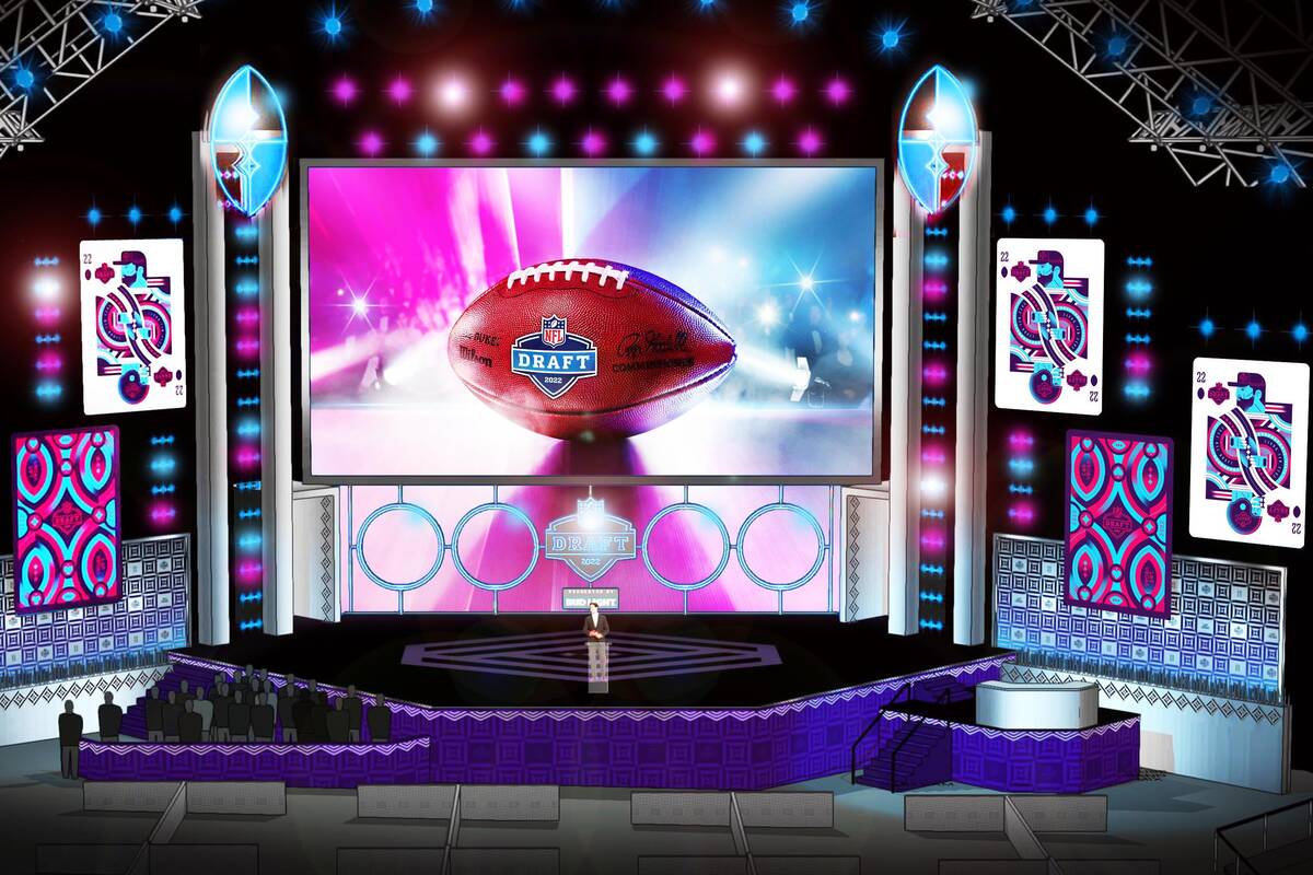 An artist rendering of what the main stage at the draft theater will look like for the 2022 NFL ...
