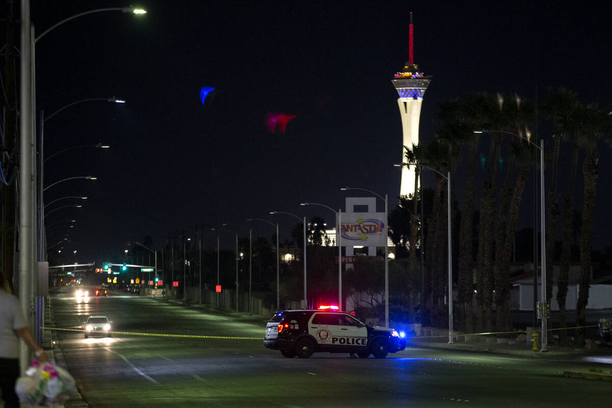 West Oakey Boulevard at South Decatur Boulevard is blocked off by Metropolitan police after a m ...