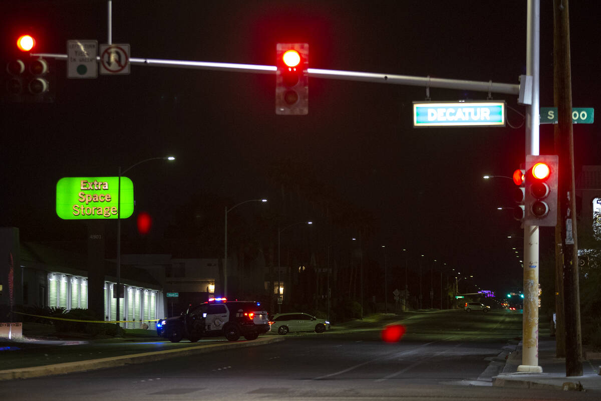 The scene of a multi-vehicle collision at the intersection of South Decatur and West Oakey Boul ...