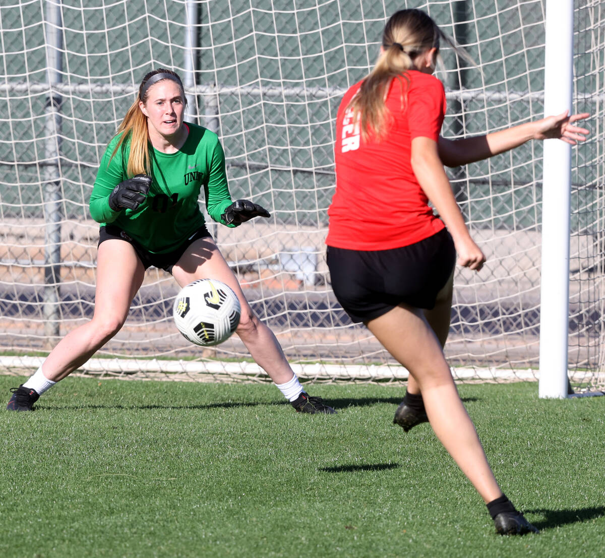 Goalkeeper Sammy Peebles and forward Kennedi Schmidt during UNLV women’s soccer practice ...