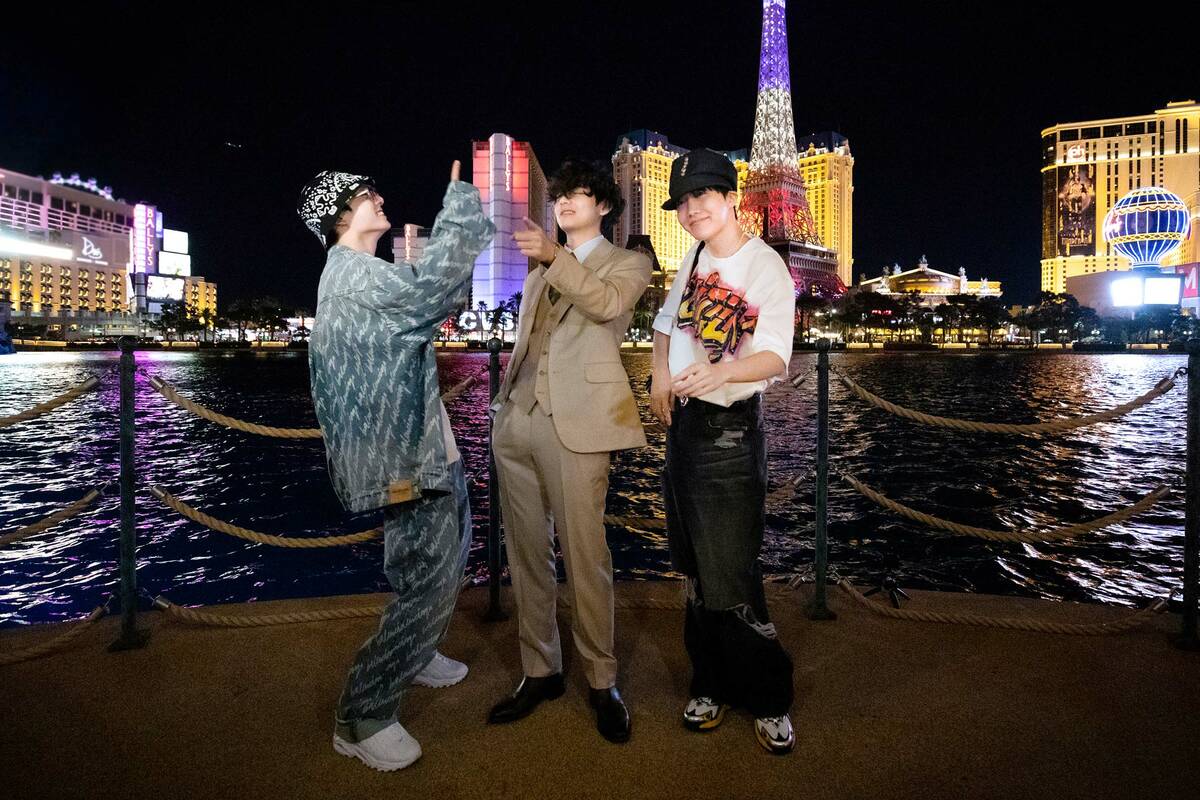 BTS band members J-Hope, V and Jung Kook are shown at Bellagio Fountains while previewing the s ...