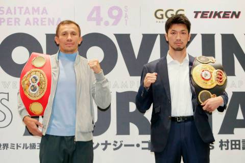Kazakhstan's Gennadiy Golovkin, left, and Japan's Ryota Murata pose during a press conference a ...