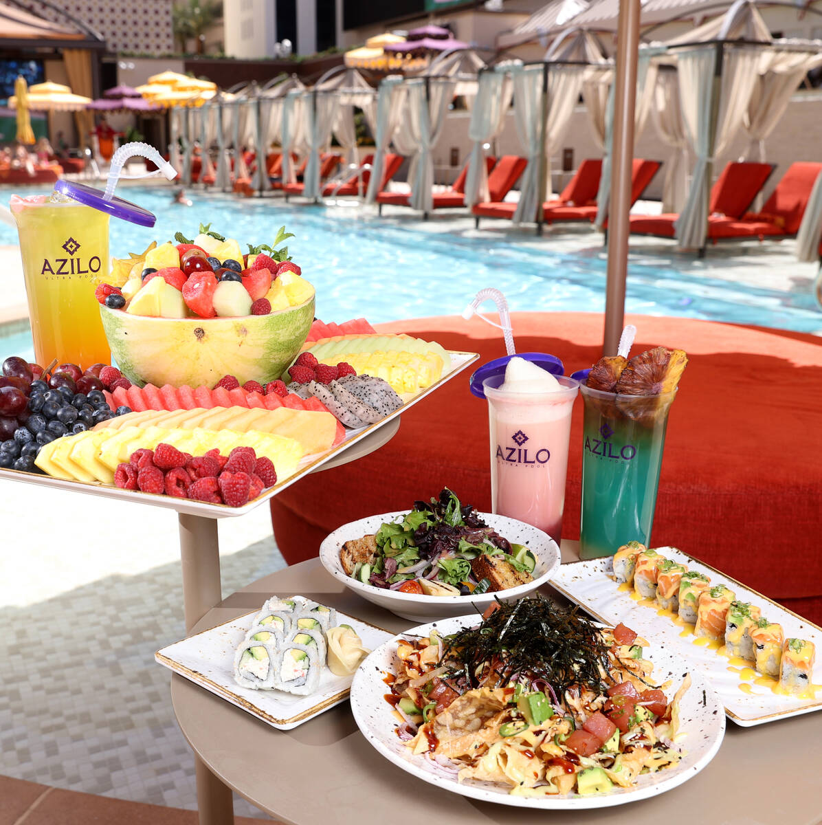 Menu items at Azilo Ultra Pool at Sahara Las Vegas on the Strip Friday, April 8, 2022. Food ite ...