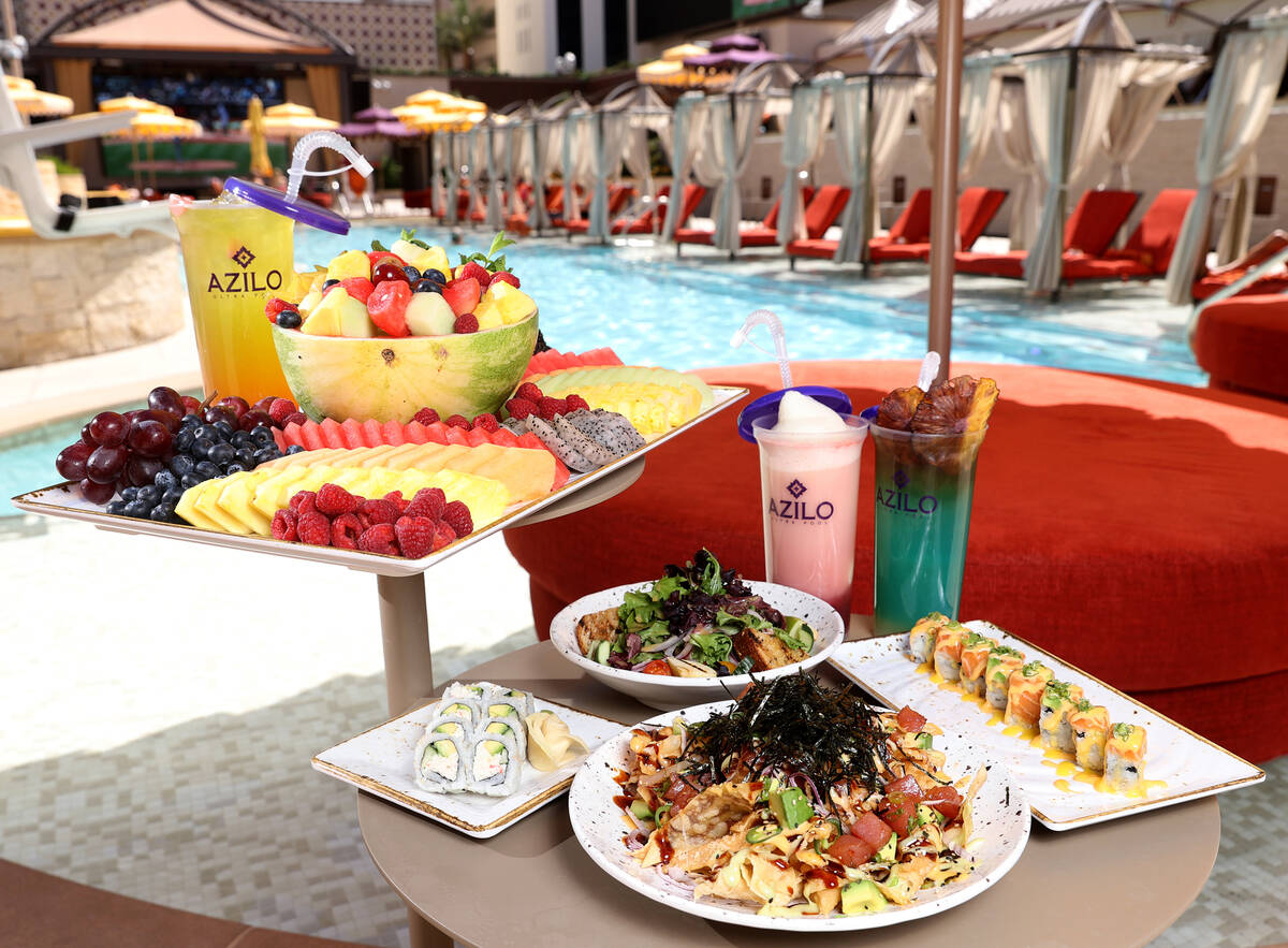 Menu items at Azilo Ultra Pool at Sahara Las Vegas on the Strip Friday, April 8, 2022. Food ite ...