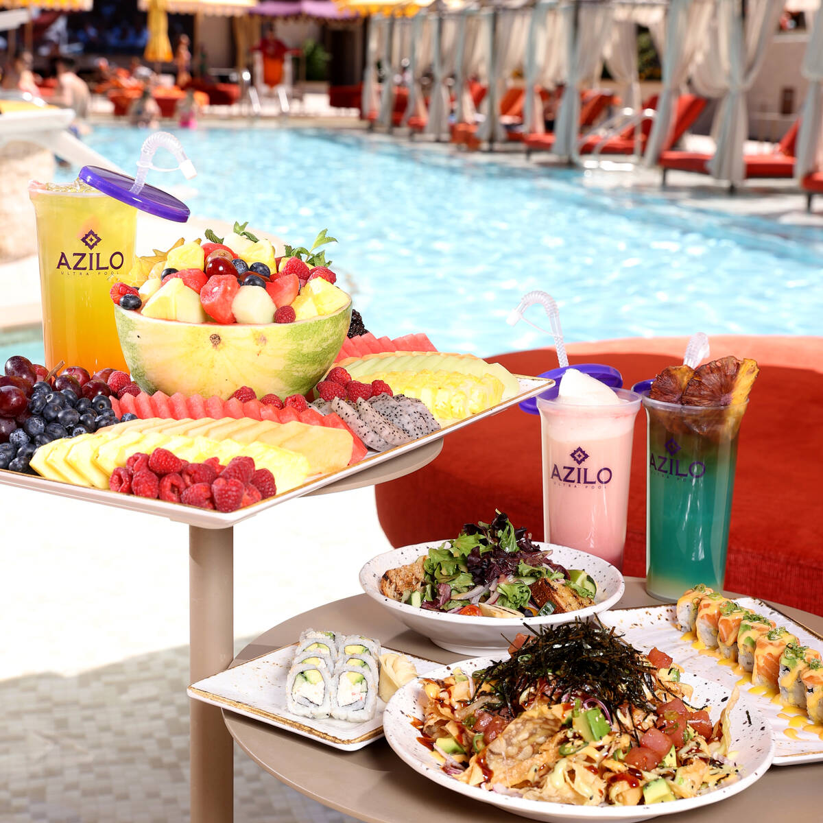 Menu items at Azilo Ultra Pool at Sahara Las Vegas on the Strip Friday, April 8, 2022. Food ite ...