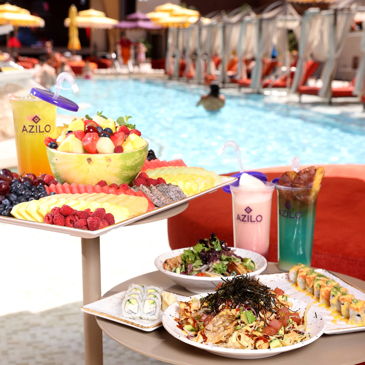 Menu items at Azilo Ultra Pool at Sahara Las Vegas on the Strip Friday, April 8, 2022. Food ite ...