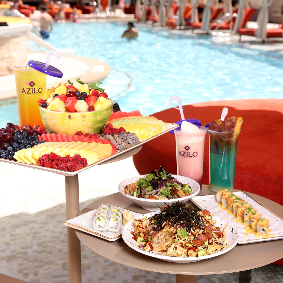 Menu items at Azilo Ultra Pool at Sahara Las Vegas on the Strip Friday, April 8, 2022. Food ite ...