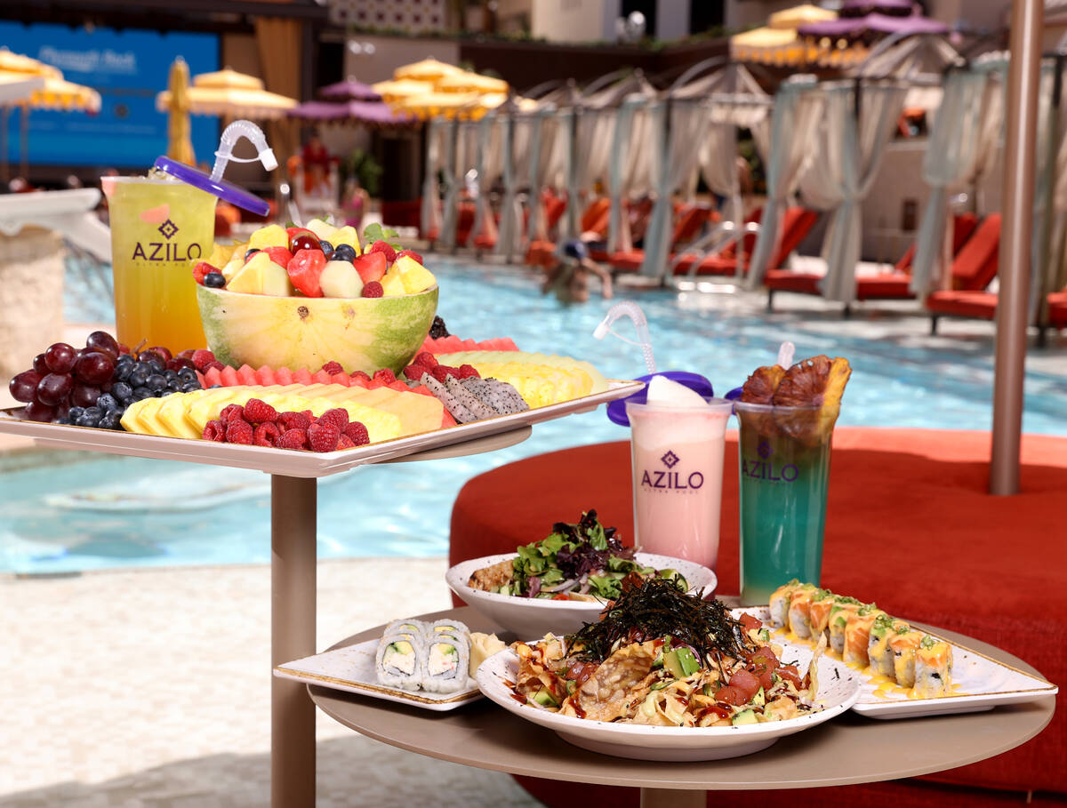 Menu items at Azilo Ultra Pool at Sahara Las Vegas on the Strip Friday, April 8, 2022. Food ite ...