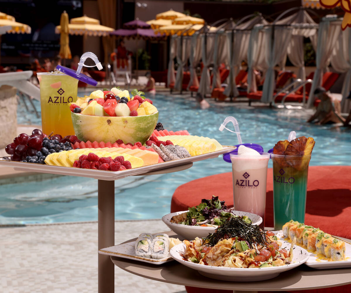 Menu items at Azilo Ultra Pool at Sahara Las Vegas on the Strip Friday, April 8, 2022. Food ite ...