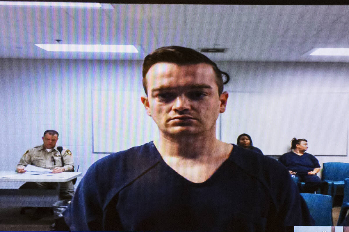 Brandon Toseland appears in court via a video link at the Regional Justice Center on Friday, Ap ...