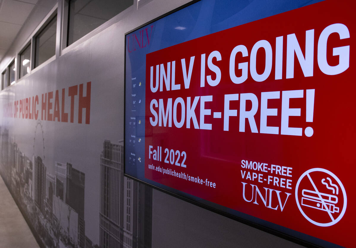 An electronic message stating that UNLV is going smoke free is displayed at the School of Publi ...