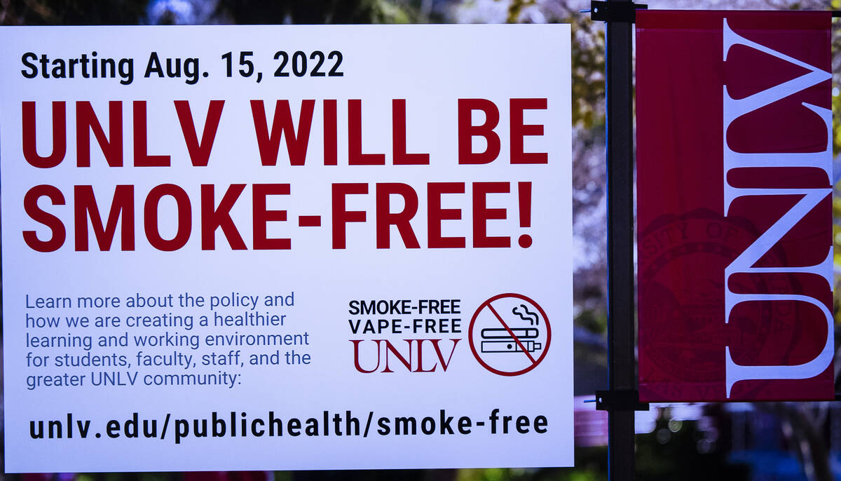 An electronic message stating that UNLV is going smoke free is displayed at the School of Publi ...