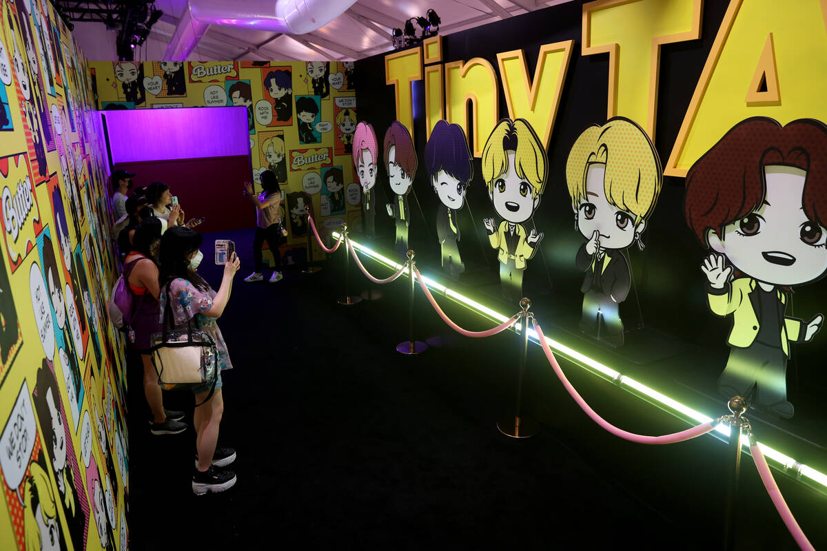 BTS fans take in a free BTS Pop-up at Area15 in Las Vegas Friday, April 8, 2022, ahead of the f ...