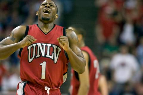 UNLV senior guard Wink Adams reacts to a UNLV foul call late in the second half of their Mounta ...