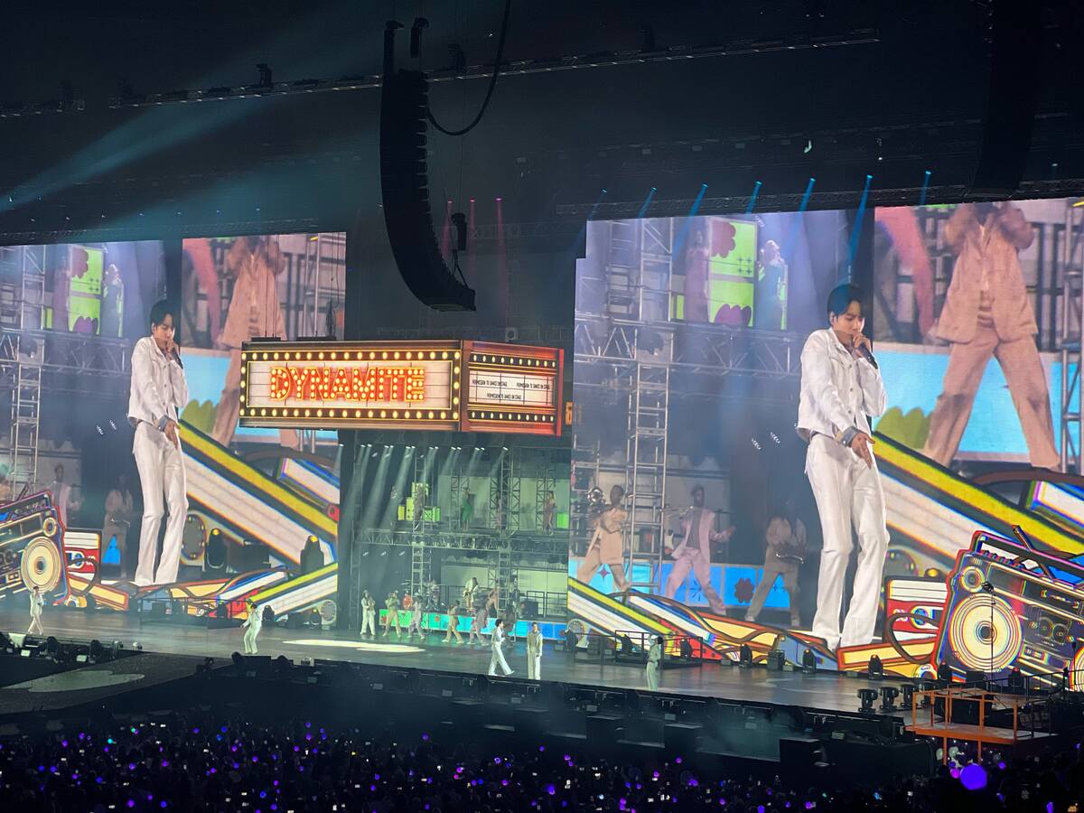 BTS' opening night show at Allegiant Stadium, Friday, April 8, 2022. (John Katsilometes/Las Veg ...