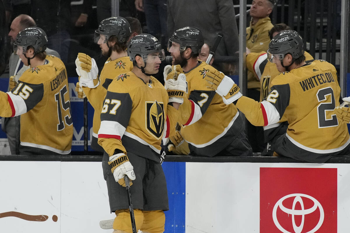 Vegas Golden Knights left wing Max Pacioretty (67) celebrates after scoring against the Arizona ...