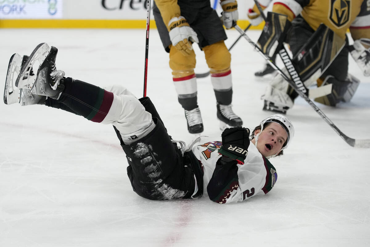 Arizona Coyotes center Barrett Hayton (29) celebrates after scoring against the Vegas Golden Kn ...