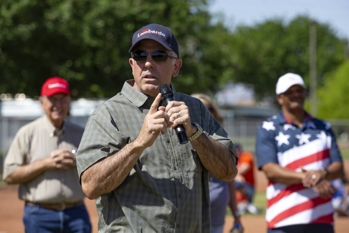 Sheriff Joe Lombardo speaks before throwing the first pitch at Bolden Little League's first gam ...