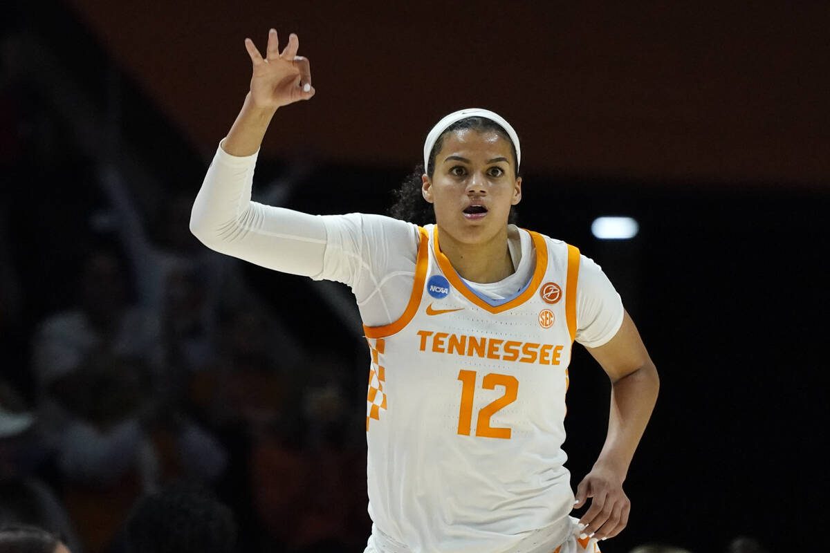 Tennessee's Rae Burrell celebrates after hitting a 3-point basket against Belmont in the first ...