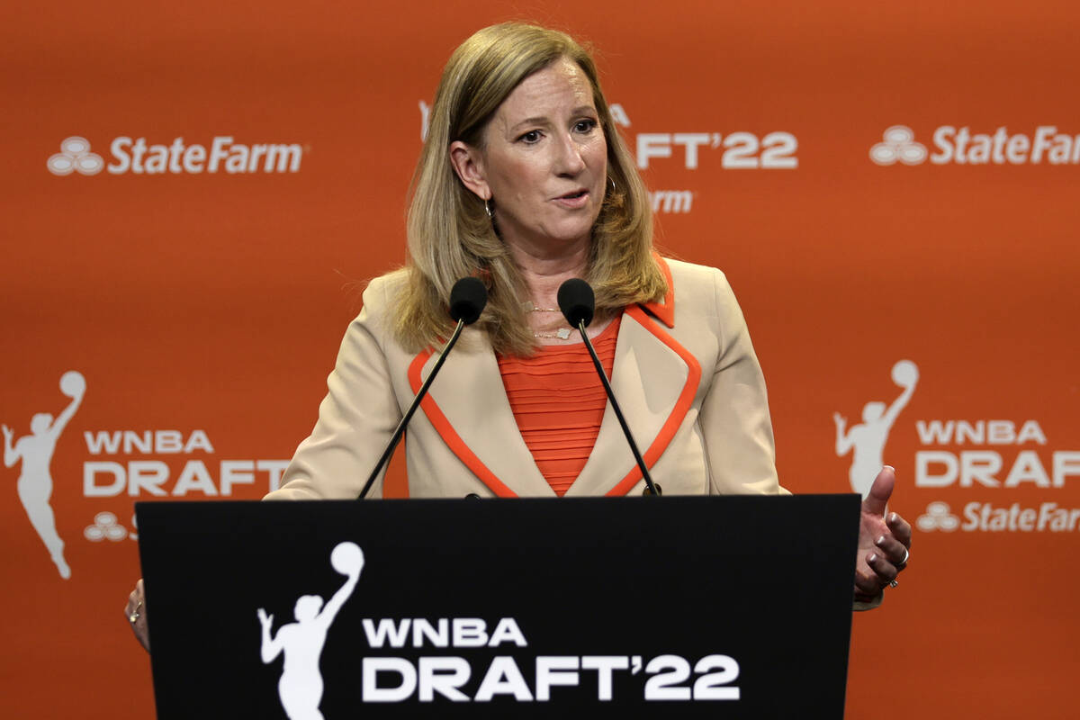 WNBA Commissioner Cathy Engelbert speaks before the WNBA basketball draft, Monday, April 11, 20 ...