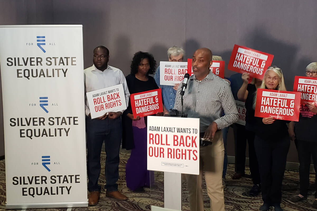 Andre Wade, state director of Silver State Equality, speaks during a press conference Monday th ...
