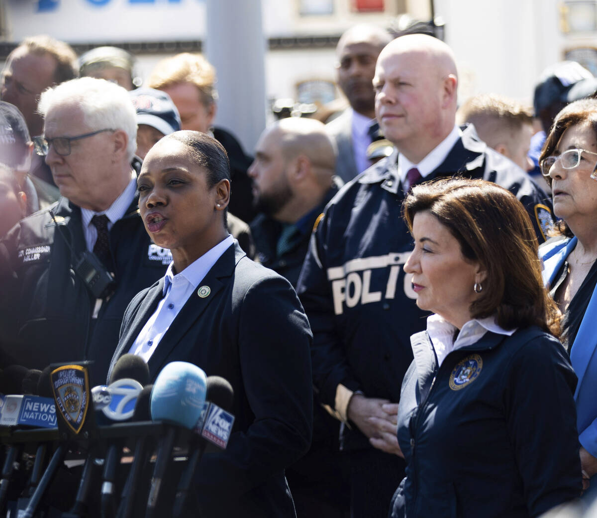 New York City Police Commissioner Keechant Sewell, left, speaks during a press conference after ...