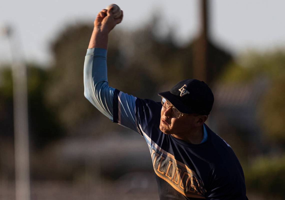 Centennial’s Jordan Boman (42) pitches during a boys high school baseball game against S ...